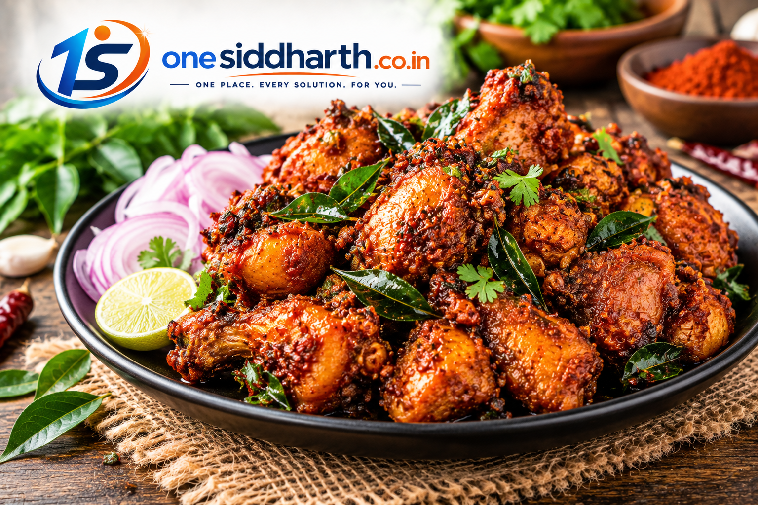 Spicy and crispy chicken fry served with onions and curry leaves