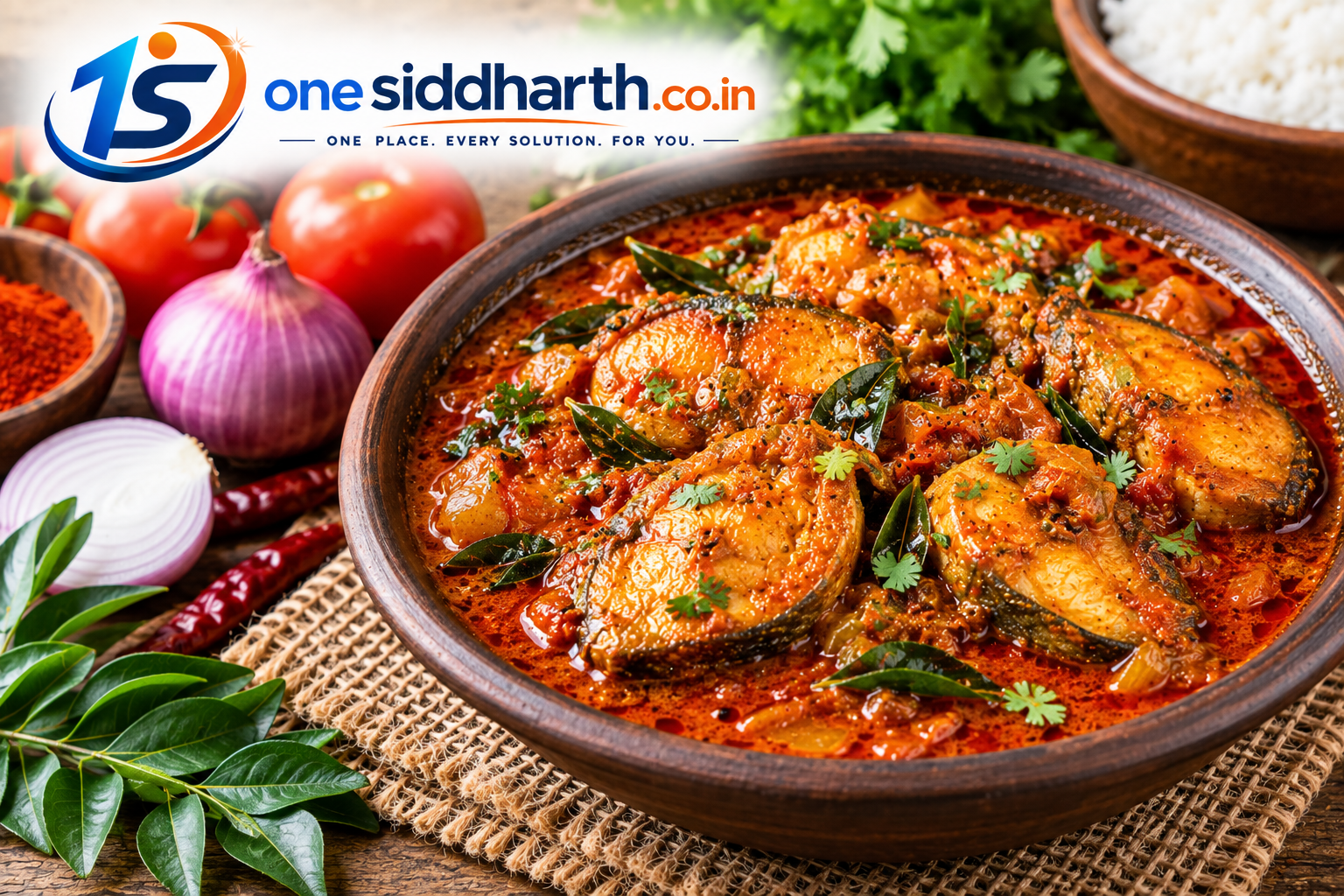 Andhra style fish curry with spices and curry leaves