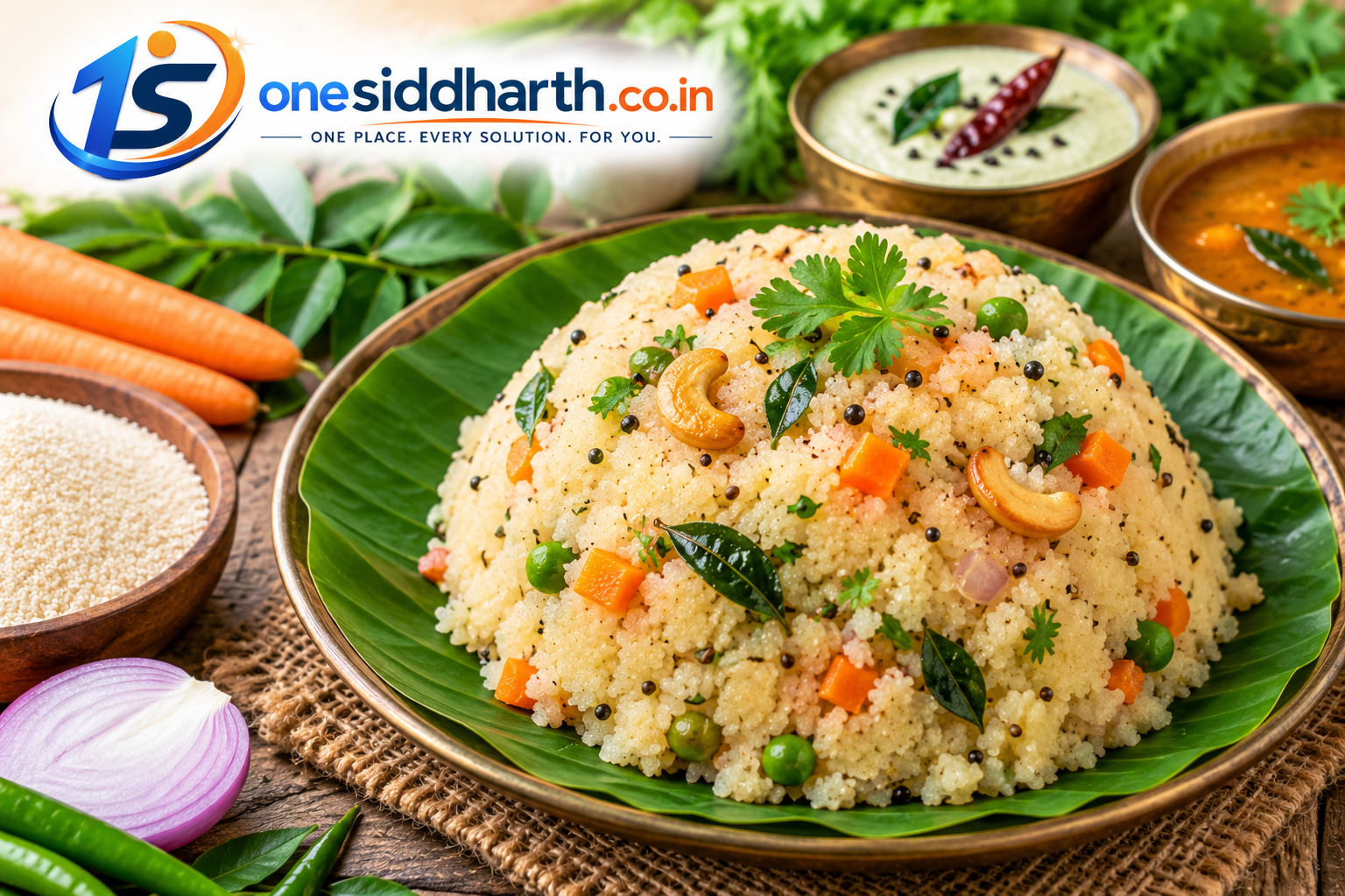 Homemade upma with vegetables and semolina